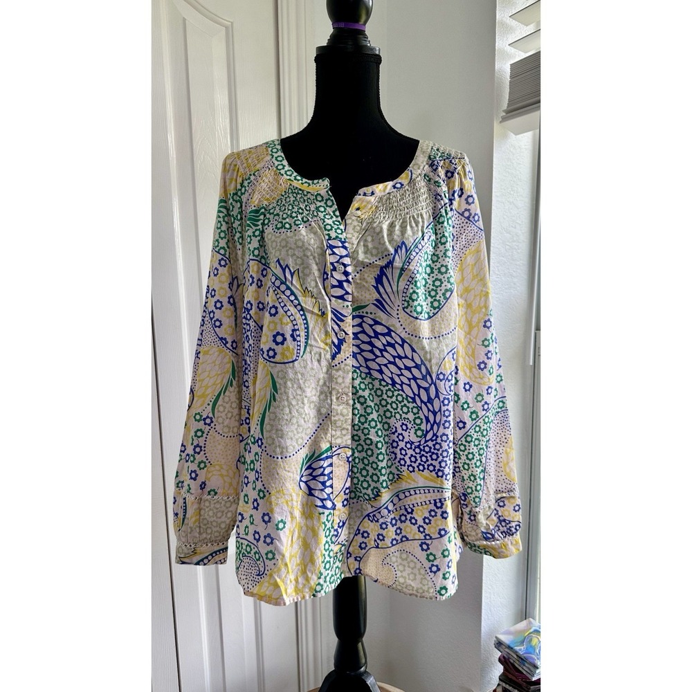 Talbots XL Paisley Floral Button Front Blouse 100% Cotton Top Stitched